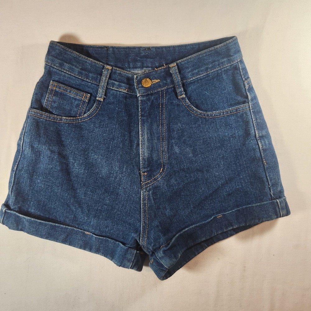 Vintage Double Button High Waisted Denim Shorts Dark Wash Cuffed Size Medium